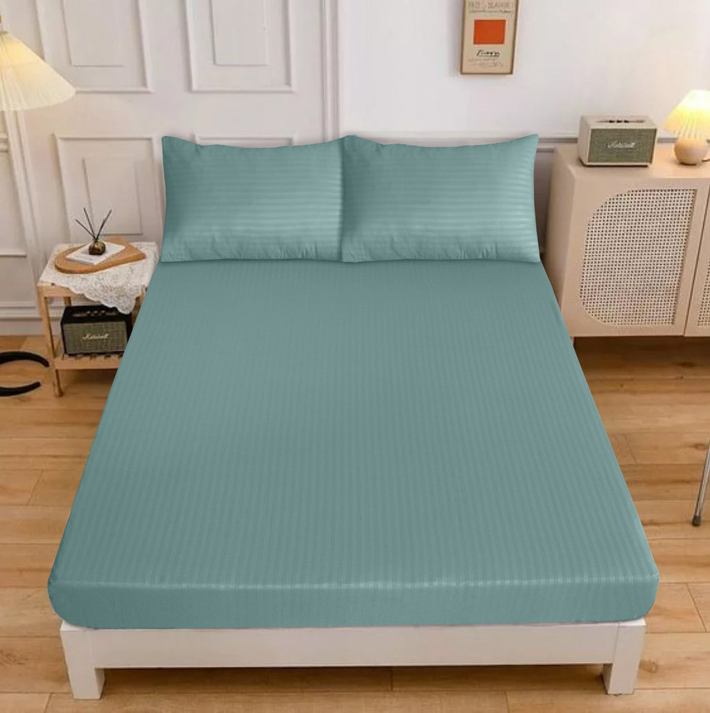 MUDDY GREEN STRIPE SATIN FITTED SHEET - (PREMIUM)