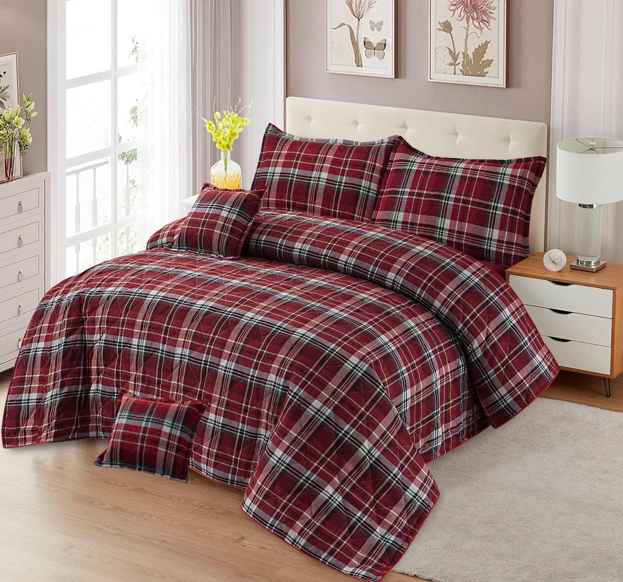 BURGUNDY PLAID BED SPREAD 5 PCS