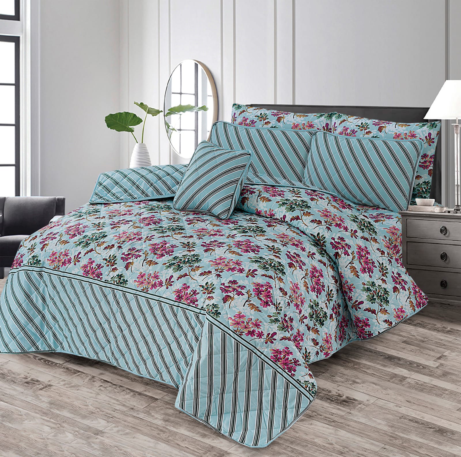 FLORAL STRIPE COMFORTER SET 7 PCS