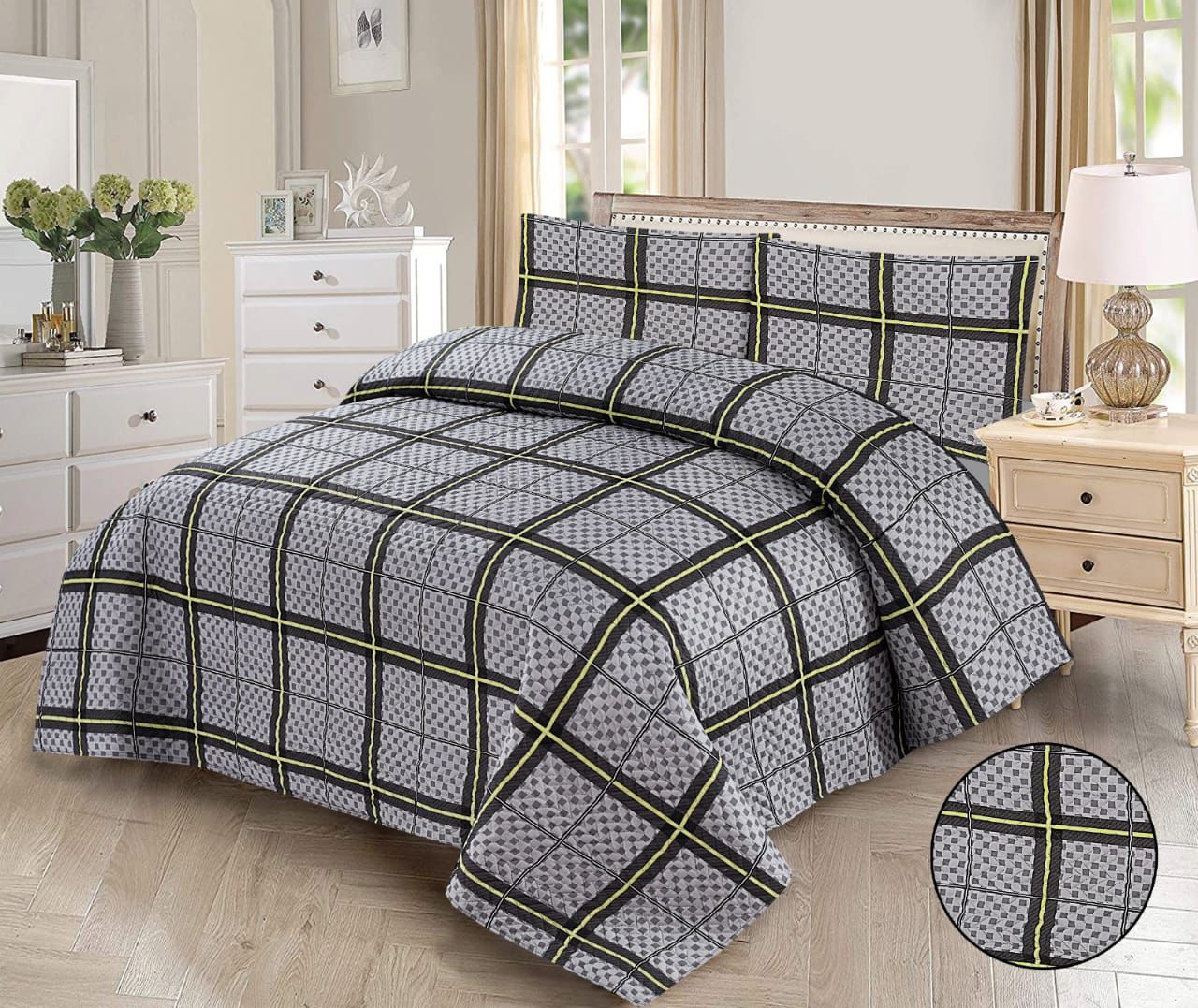GREYSTONE CHECKS BEDSPREAD 3 PCS