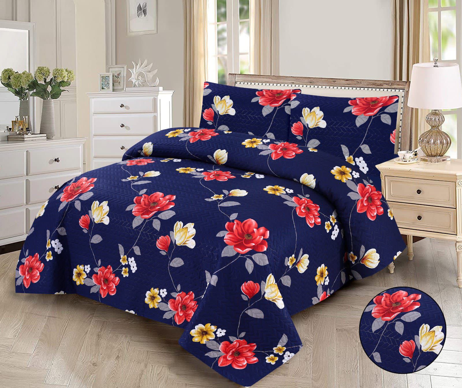 NAVY FLORAL BEDSPREAD 3 PCS