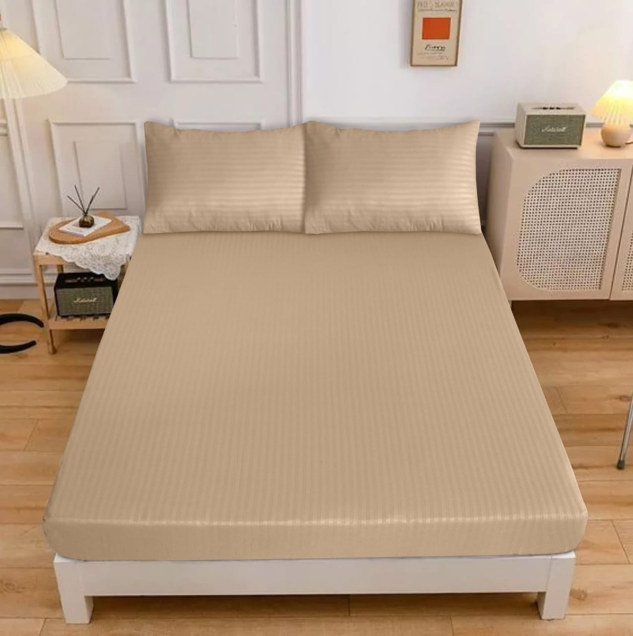 BEIGE STRIPE SATIN FITTED SHEET - (PREMIUM)