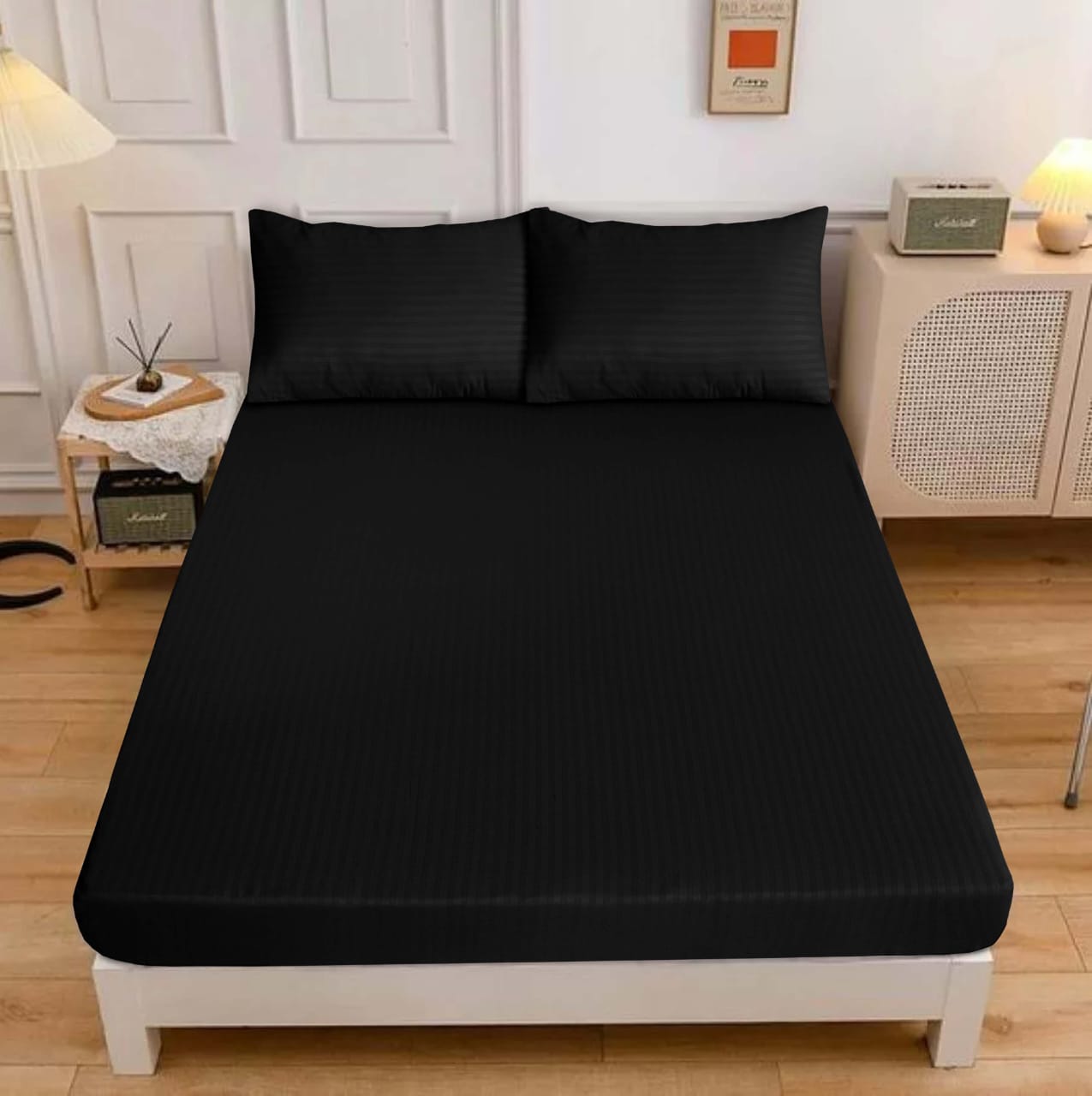 BLACK STRIPE SATIN FITTED SHEET - (PREMIUM)