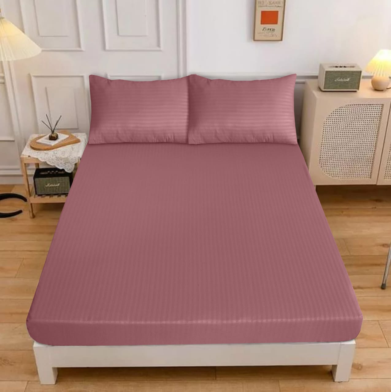 MAUVE STRIPE SATIN FITTED SHEET - (PREMIUM)