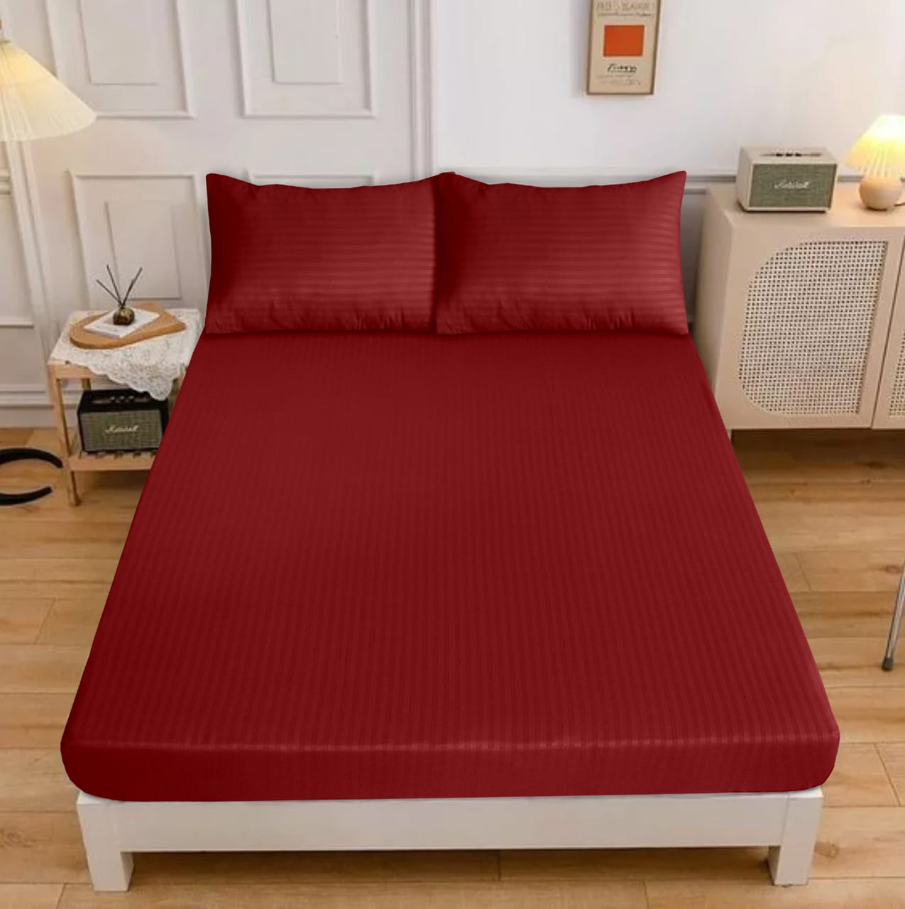 REDDISH MAROON STRIPE SATIN FITTED SHEET - (PREMIUM)