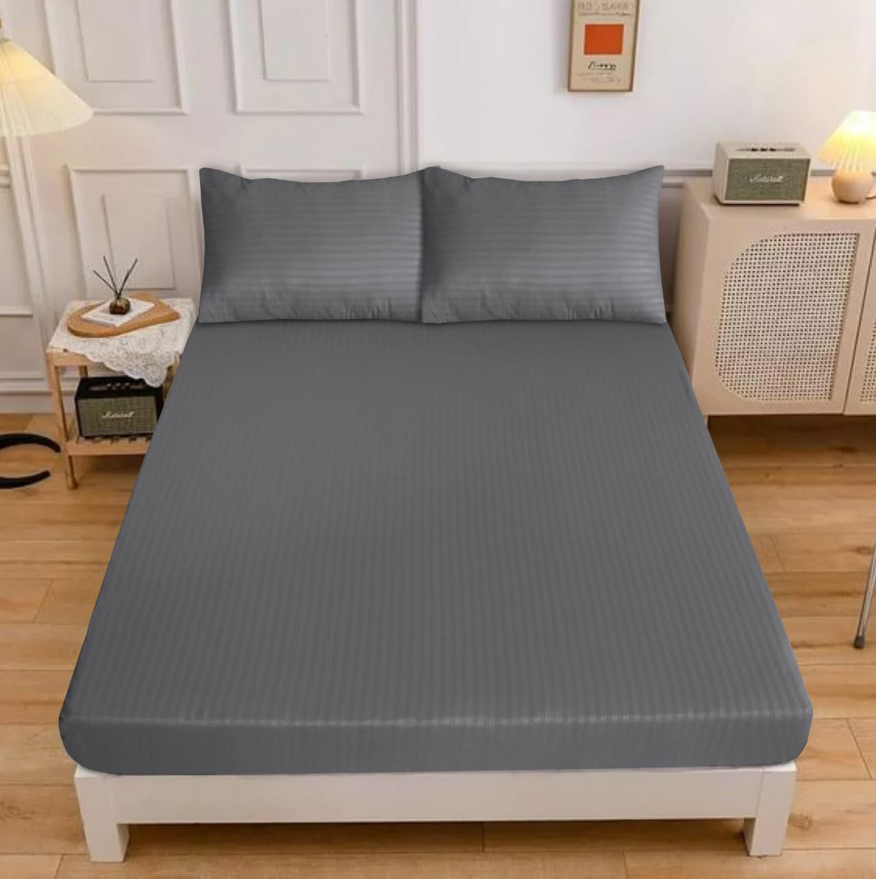 GREY STRIPE SATIN FITTED SHEET - (PREMIUM)