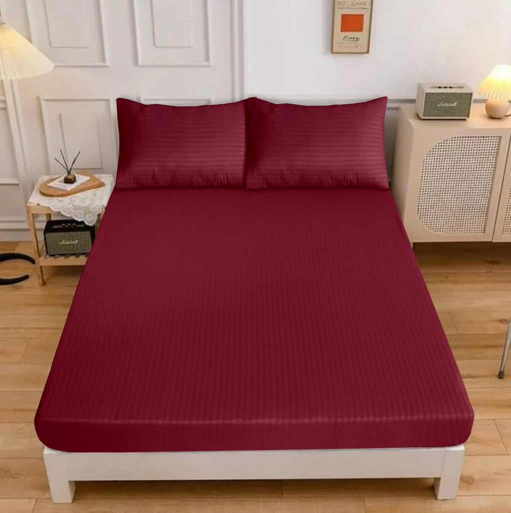 MAROON STRIPE SATIN FITTED SHEET - (PREMIUM)