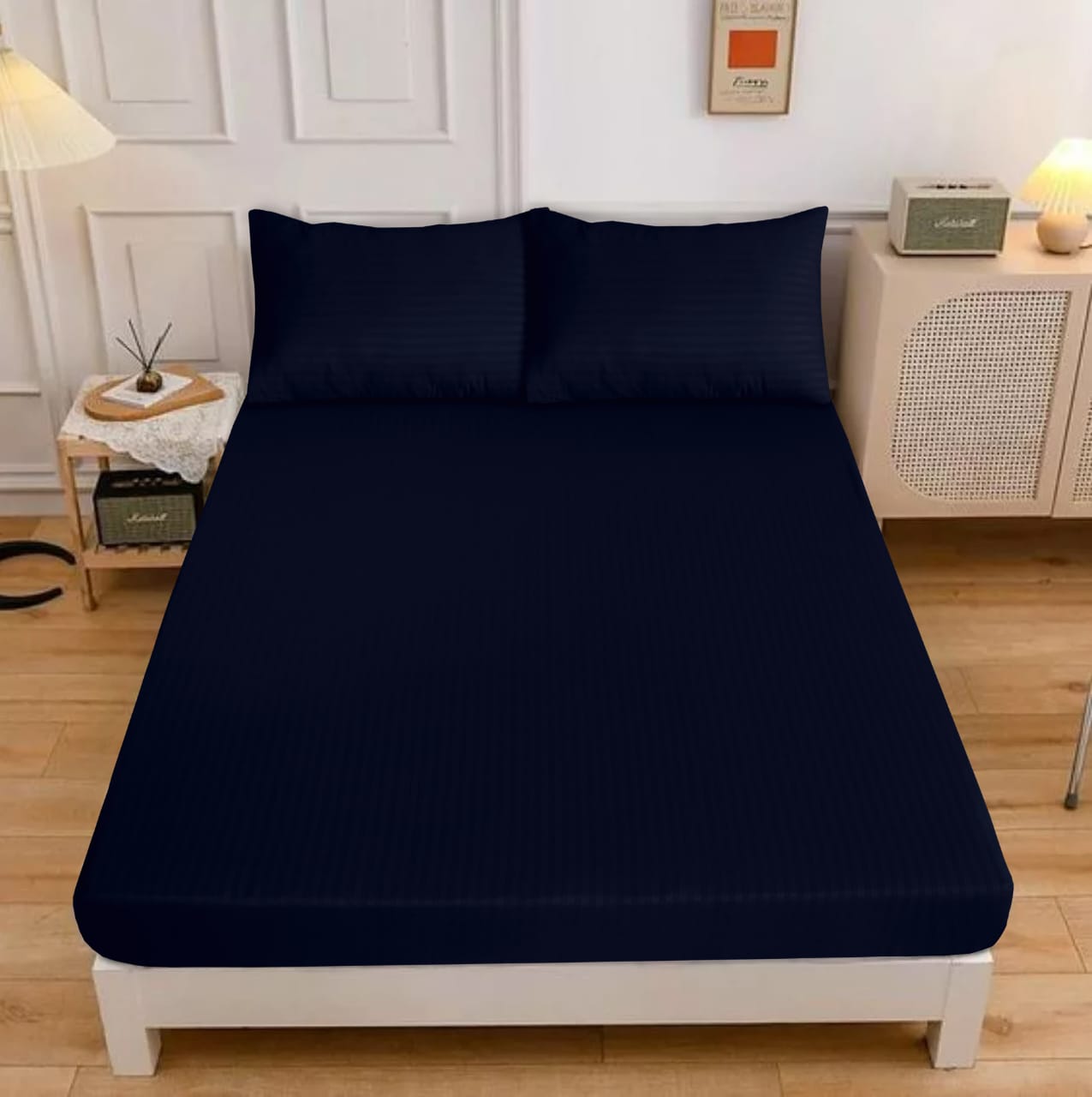 DARK BLUE STRIPE SATIN FITTED SHEET - (PREMIUM)